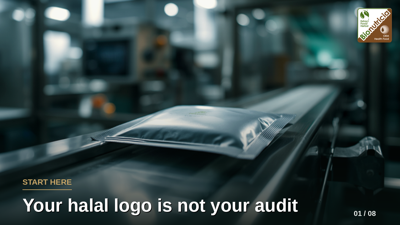 Halal supplement sachet on a stainless production line — your halal logo is not your audit