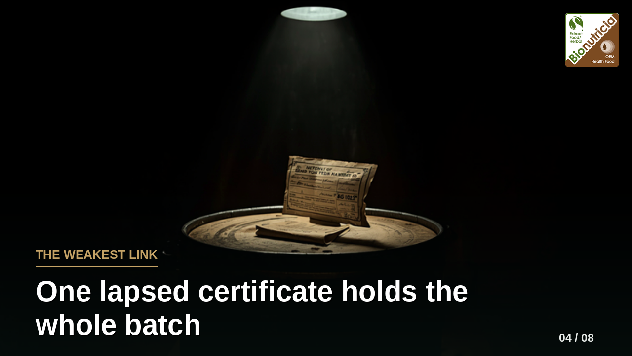 A single spotlit ingredient drum with a certificate — one lapsed halal document can hold a whole batch