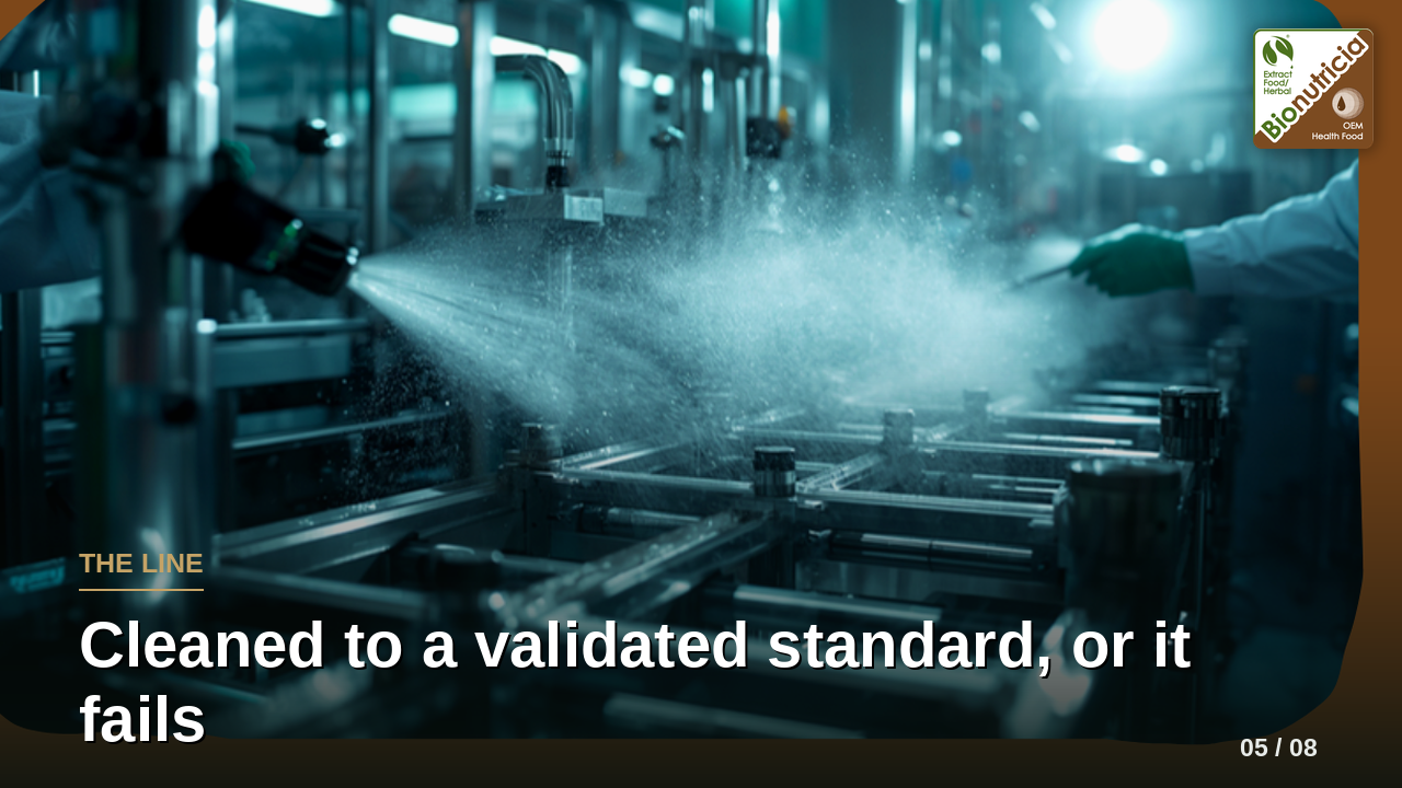 Stainless production line being cleaned — cleaning validation on shared equipment is part of a JAKIM audit