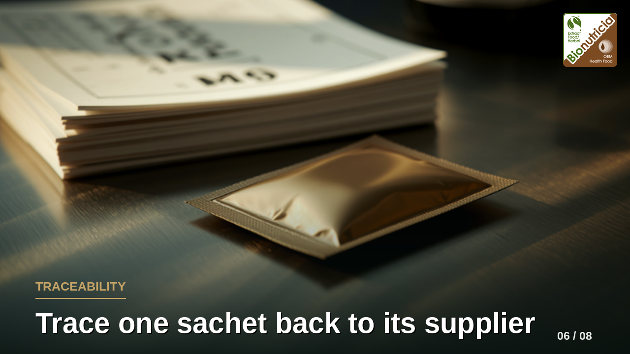 A finished supplement sachet beside documents — end-to-end halal traceability from sachet to supplier