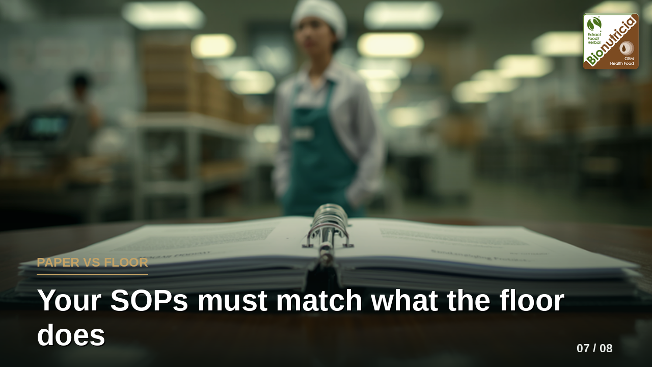 An open SOP binder with a supervisor on the production floor — SOPs must match the floor in a halal audit
