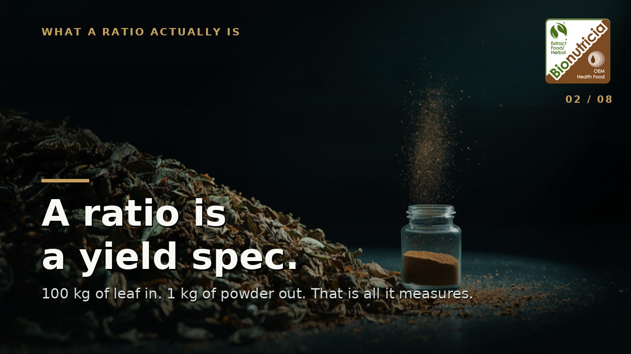 A large heap of dried botanical leaves reduced to one small jar of extract powder — an extract ratio is a yield spec