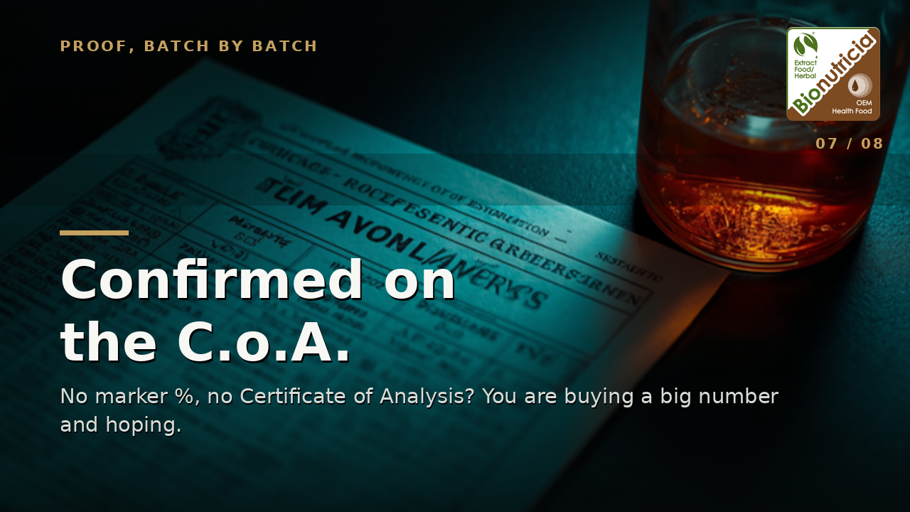 A Certificate of Analysis document beside an amber sample — the CoA confirms the marker percentage batch by batch