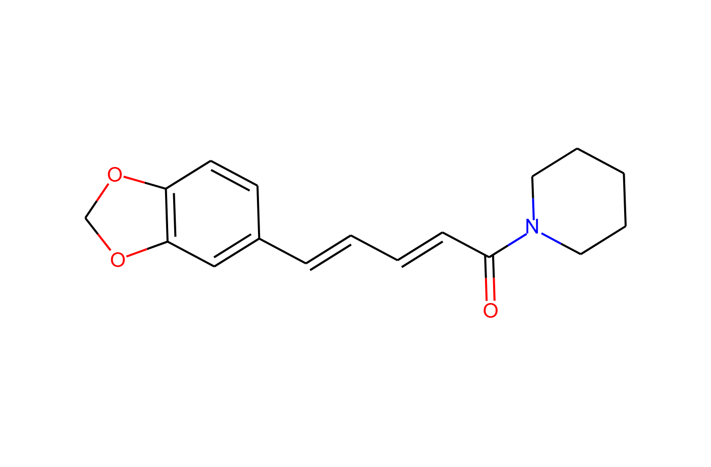 Molecular structure of piperine, C17H19NO3, the major alkaloid in black pepper (Piper nigrum) extract