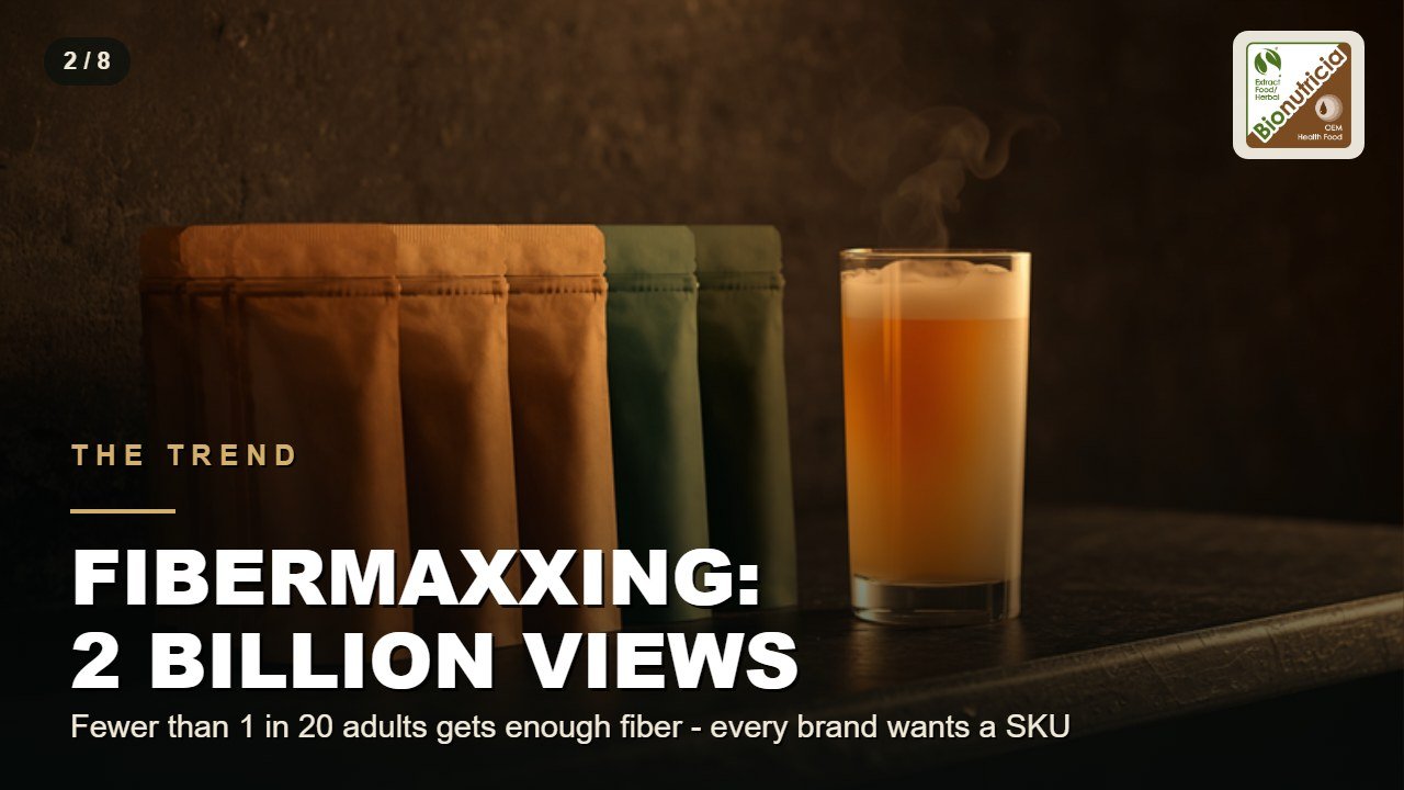 Blank fiber sachets beside a fiber beverage: fibermaxxing has two billion views