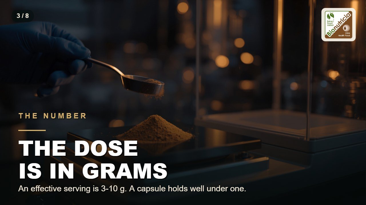Fiber powder weighed on a precision balance: the dose is in grams