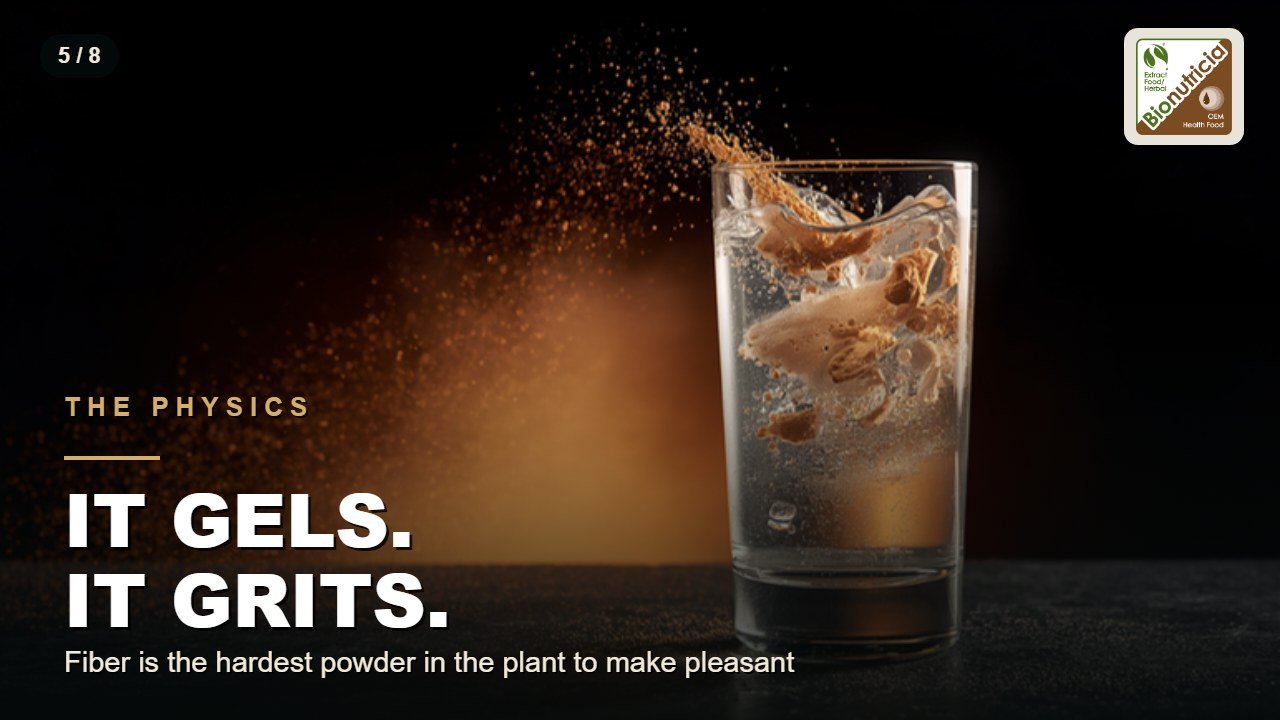 Fiber powder dispersing in a backlit glass of water: it gels, it grits