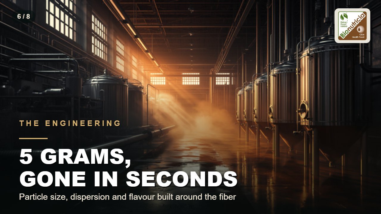 Stainless process vessels in warm light: five grams gone in seconds