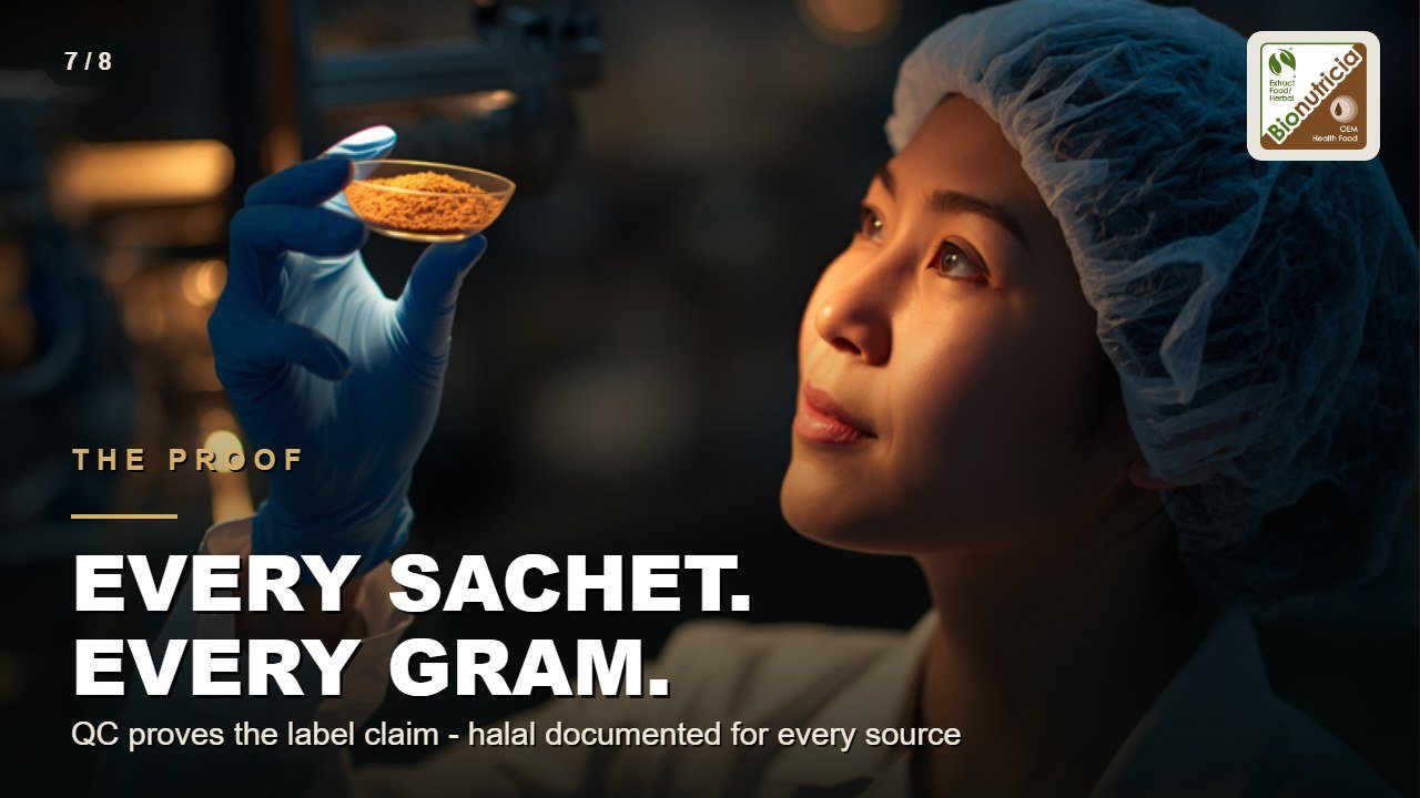 QC technician inspecting a dish of fiber powder: every sachet, every gram