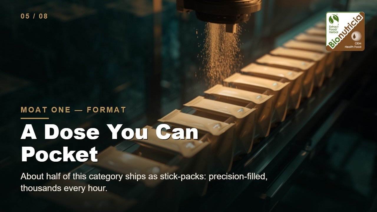 Automated stick-pack filling line under a filling nozzle