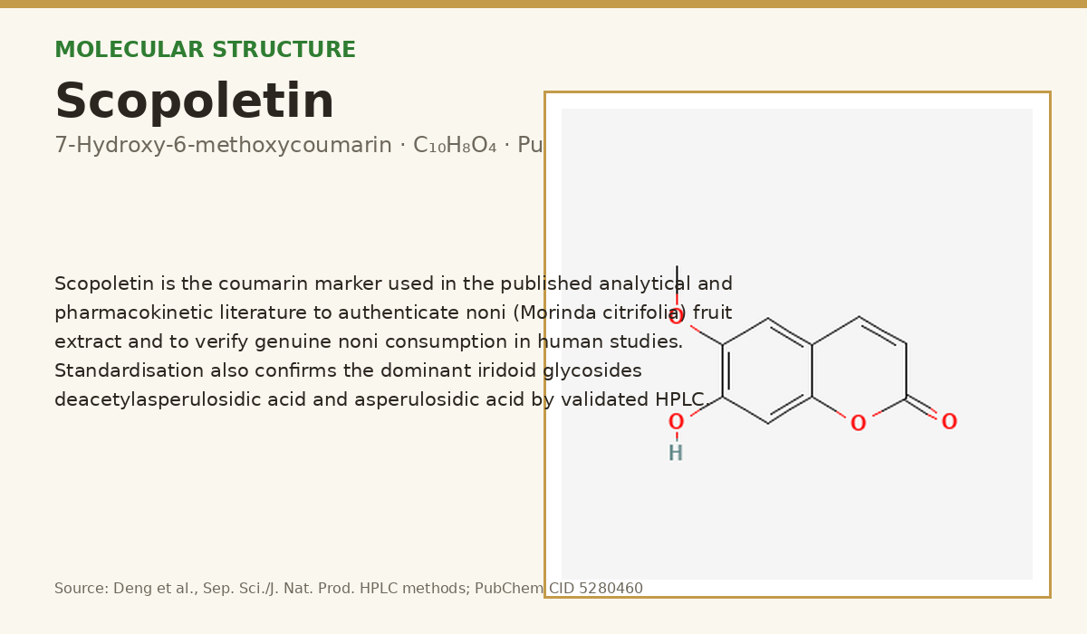 Scopoletin molecular structure diagram - C10H8O4, the coumarin marker compound used to authenticate noni fruit extract
