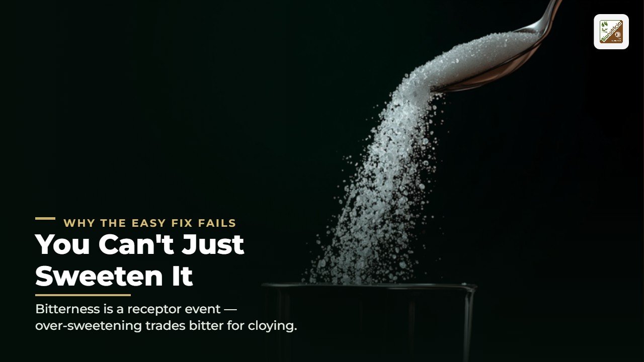Sweetener cascading into a dark cup