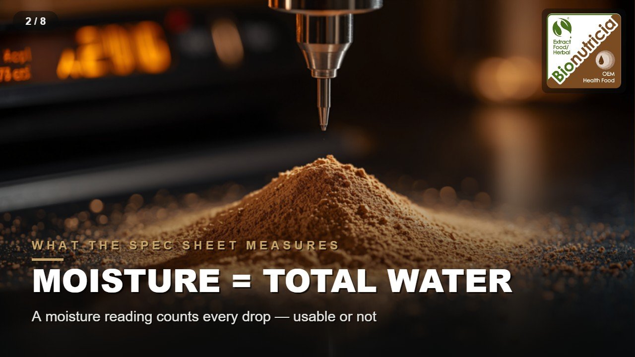 Moisture analyzer probe descending into a mound of tan supplement powder