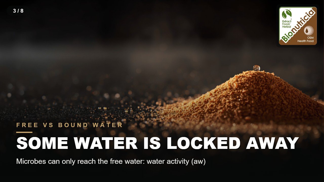 Macro of tan extract powder with a single condensation bead — free versus bound water