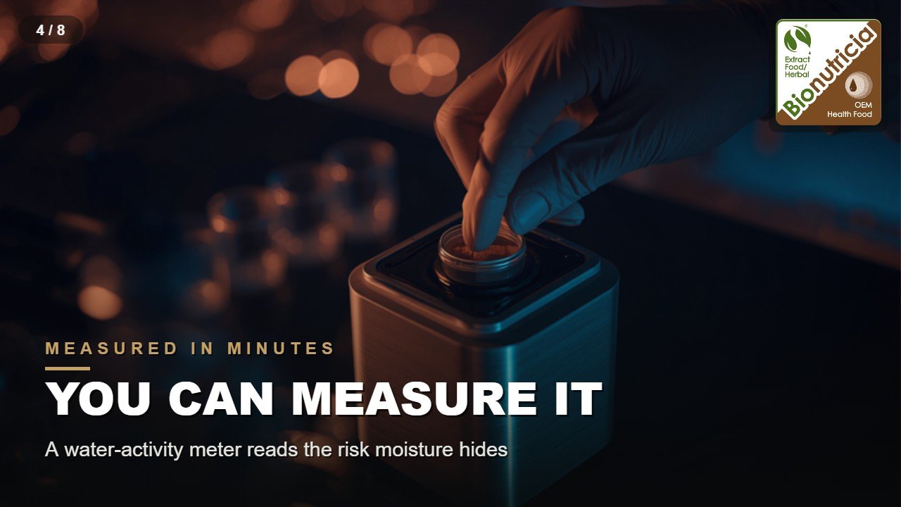 Gloved technician hand placing a powder sample cup into a benchtop water-activity meter