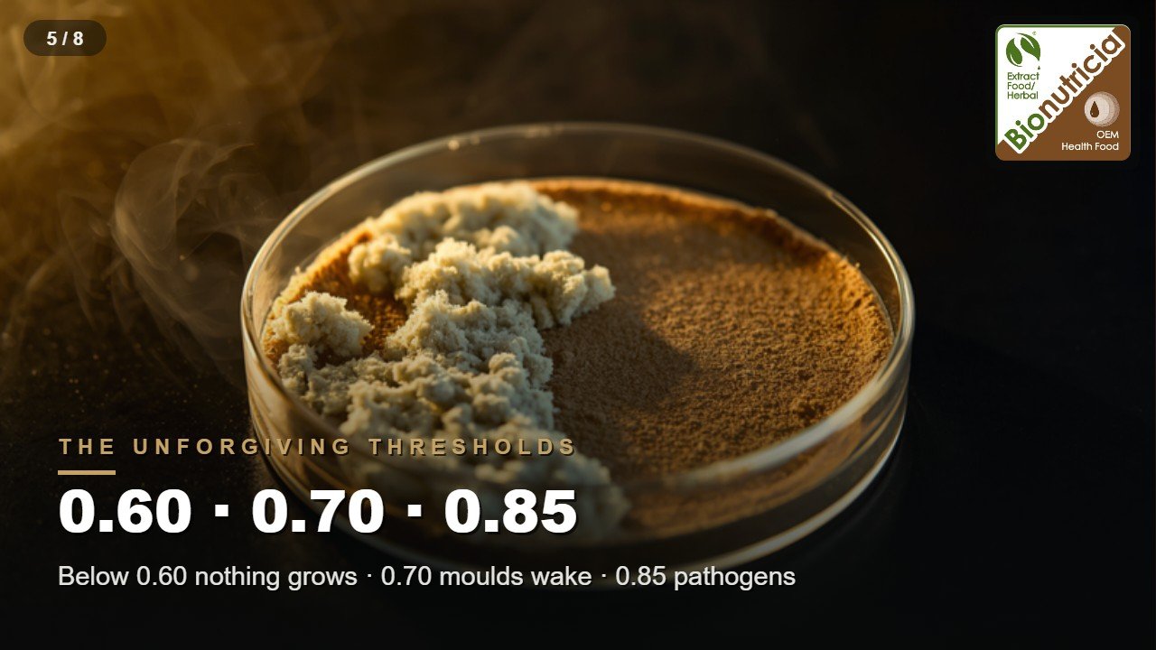 Petri dish of powder half colonised by grey-white mould — the water activity thresholds