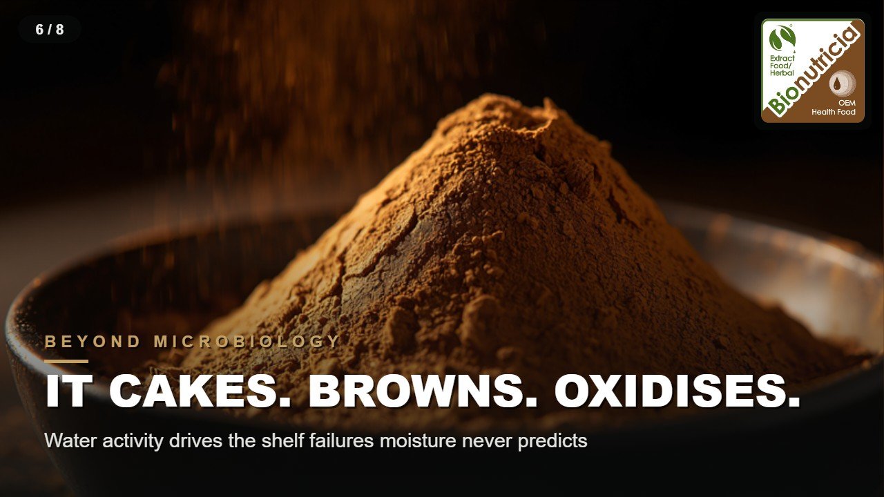 Powder mound under dramatic raking light — caking, browning and oxidation risk
