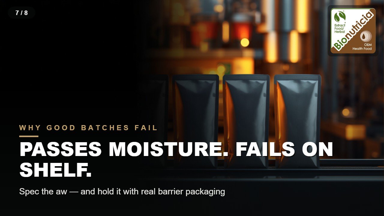 Row of blank matte foil stick sachets on a production line — barrier packaging