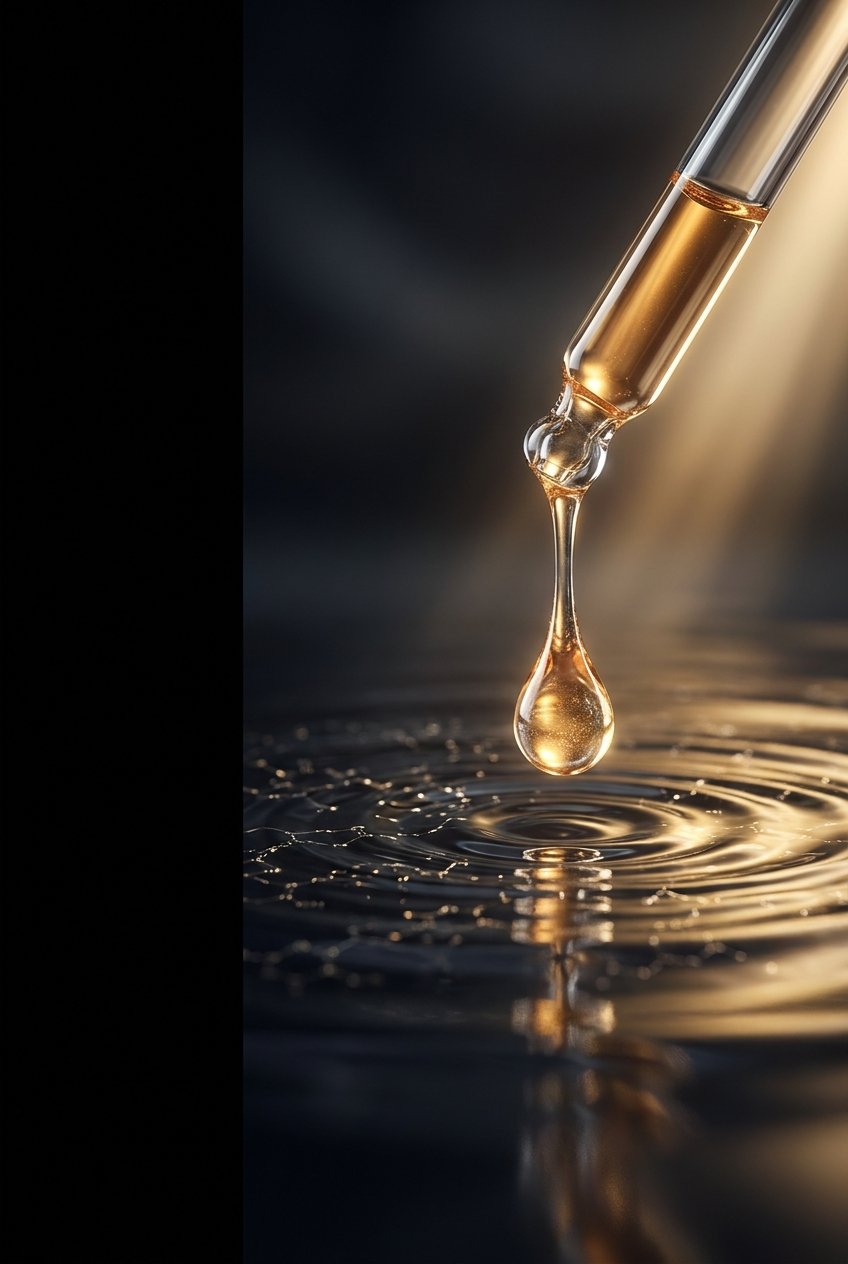 A golden liquid droplet falling onto a dark surface, representing Herbosomal patent-pending liposomal encapsulation technology