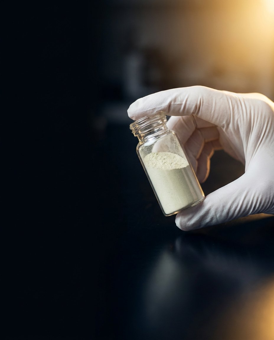 Quality inspection of botanical powder in a gloved hand, representing JAKIM halal certification standards for Bionutricia supplement OEM manufacturing