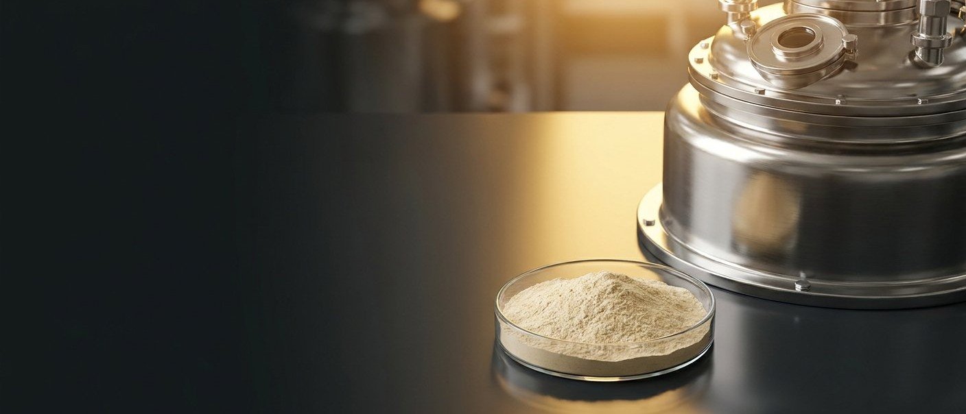Halal-certified nutraceutical contract manufacturing in Malaysia: stainless-steel vessel and botanical extract powder under dramatic gold lighting